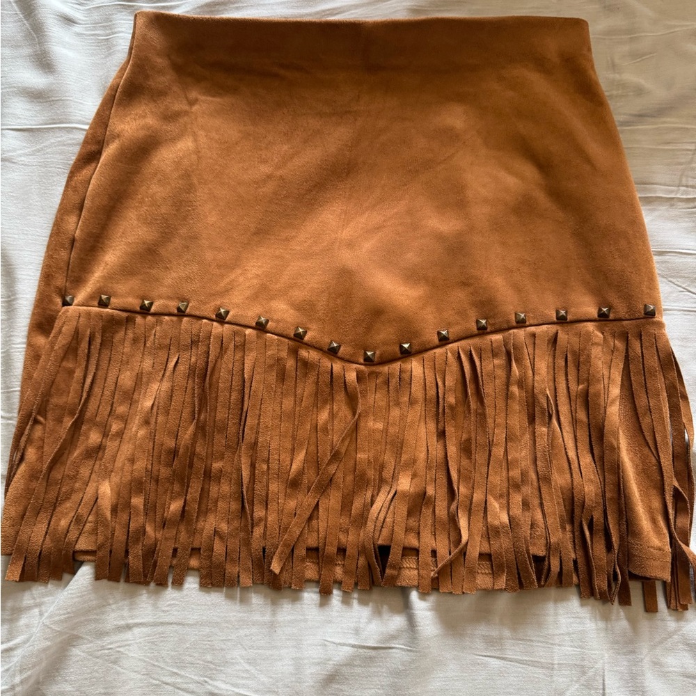 SHEIN Tan Fringe Mini Skirt
